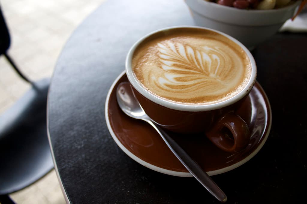 Flat white coffee with leaf latte art in a brown cup